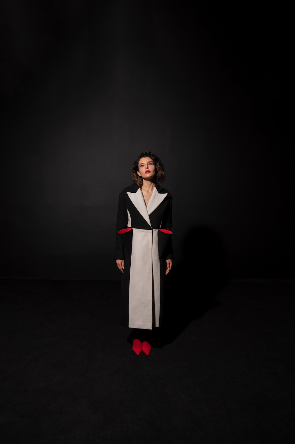 Wool Color Blocked Coat with Funnel Pockets