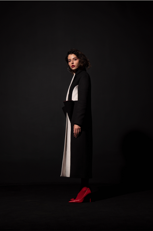 Wool Color Blocked Coat with Funnel Pockets